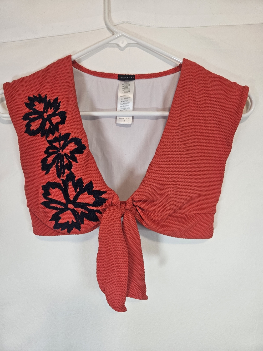 Red Tie-Front Bikini Top with Black Floral Appliqué